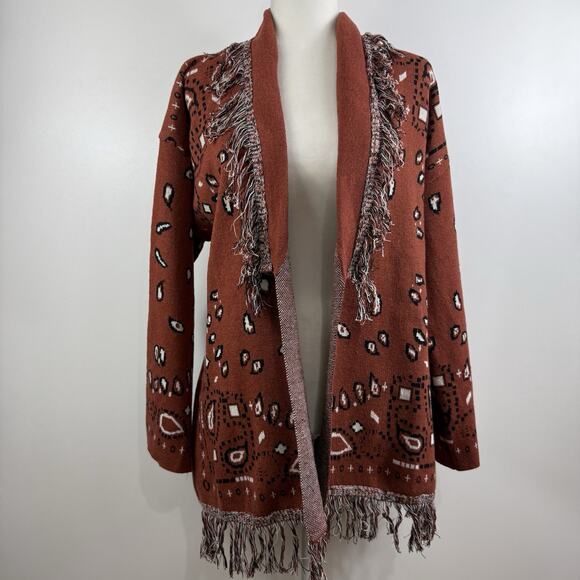 On Twelfth Rust Brown Bandana Print Cardigan XL Fringe Belted Boho Western Wool - Picture 2 of 13